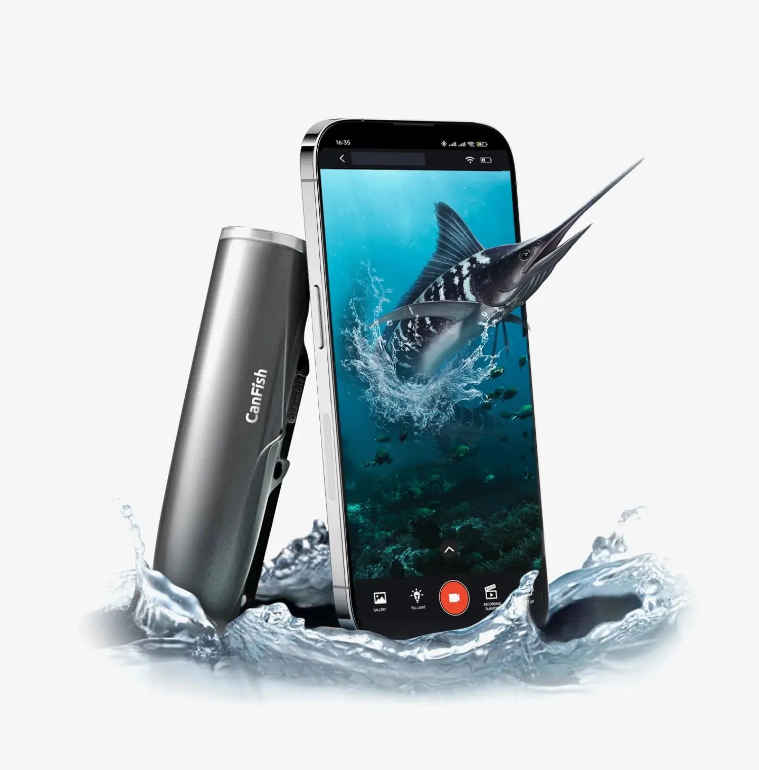 live 1080p feed from underwater fishing camera shown on smartphone with marlin splash