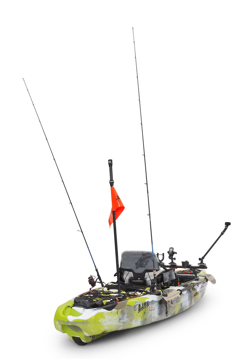 Fishing kayak rigged with rod holders and gear — ready for underwater camera mounting on European waters