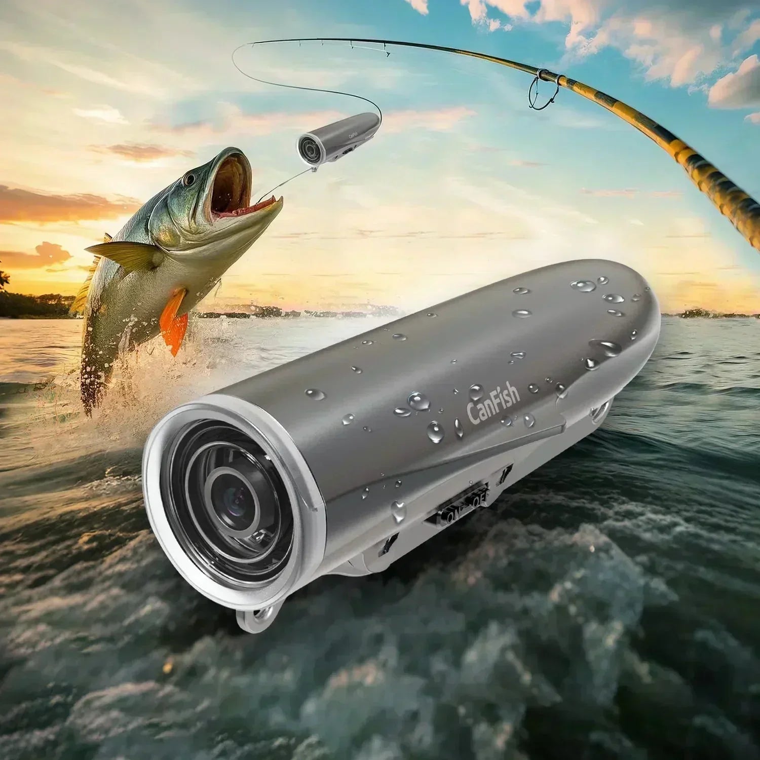 CanFish CamX underwater fishing camera in action with bass leaping beside a fishing rod at sunrise