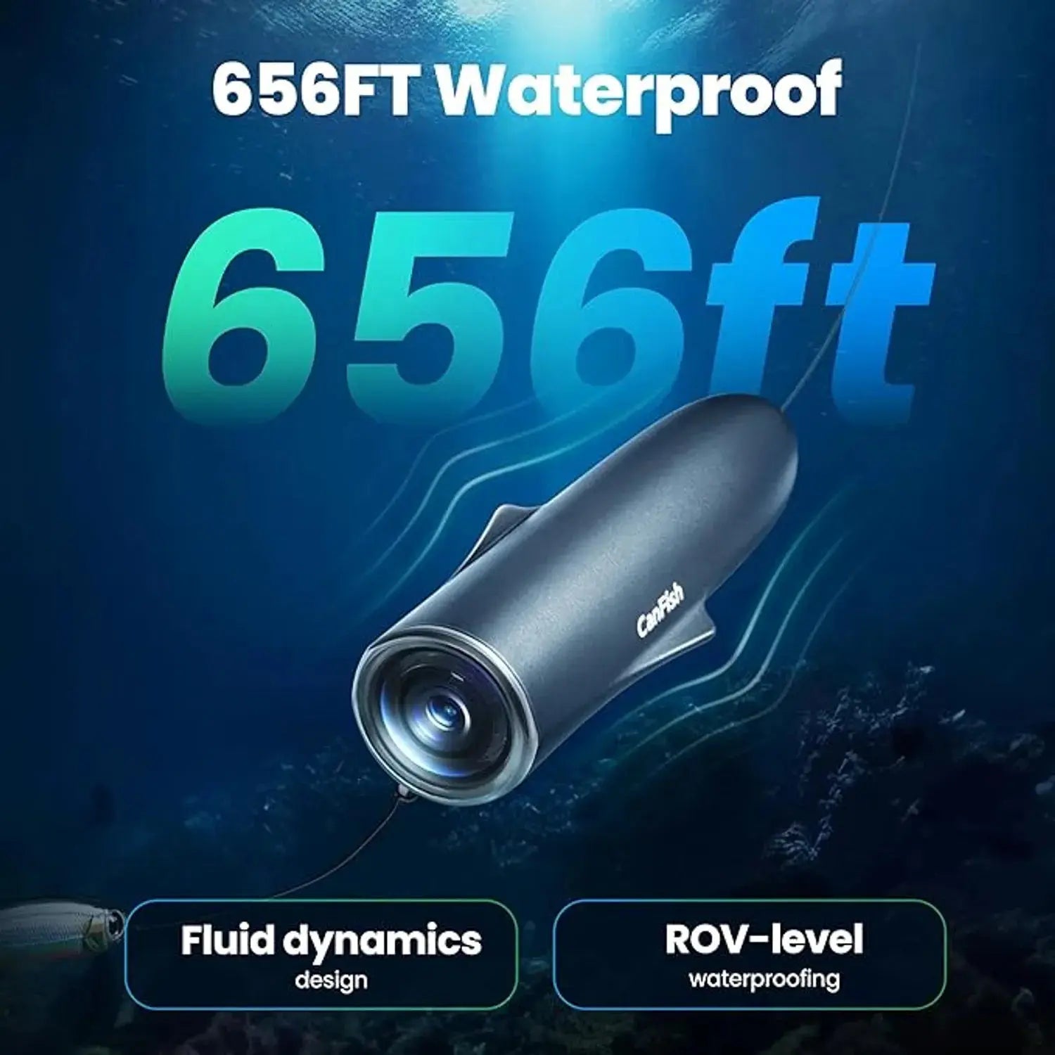 underwater fishing camera rated 656 ft waterproof – Fisho CamX depth graphic