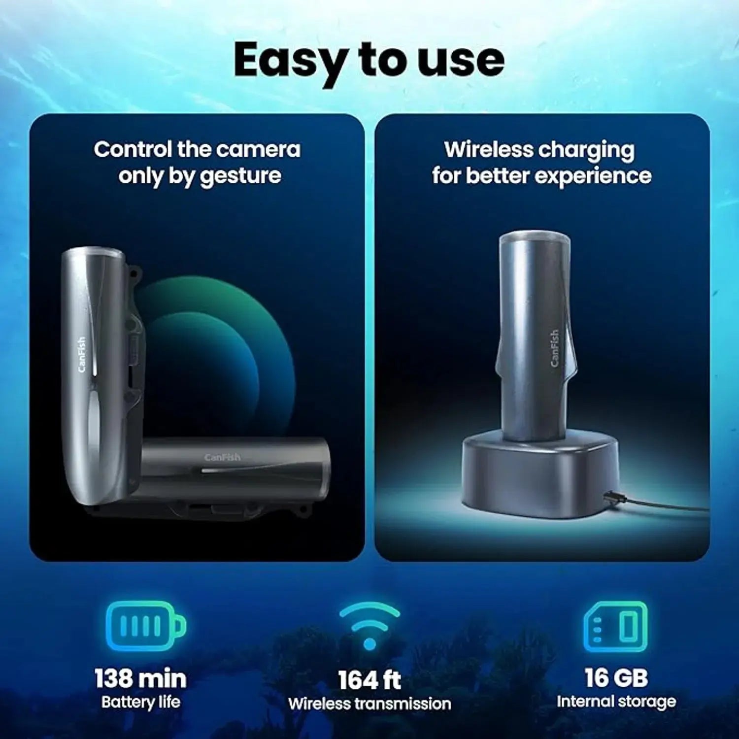 Fisho CamX easy-use fish cam – gesture control and wireless charging base features