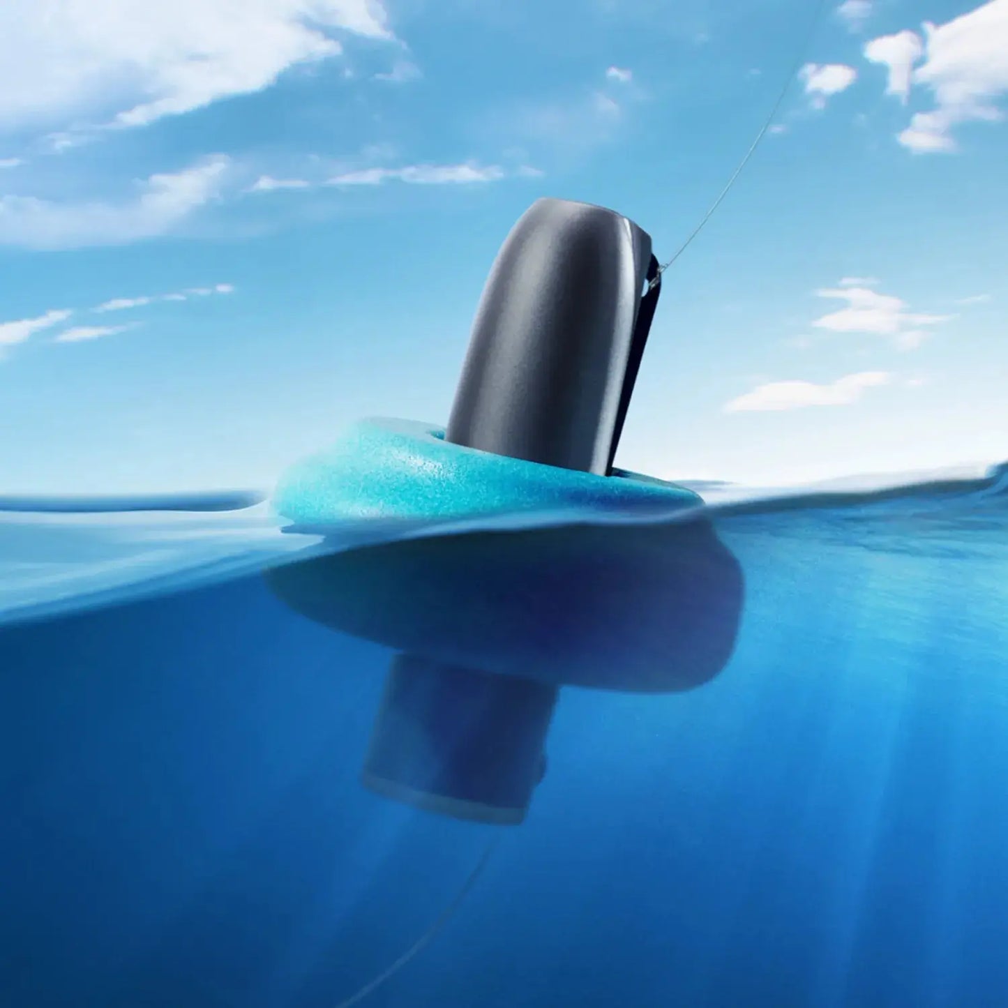 camera for fishing underwater on blue float bobbing half-submerged at lake surface