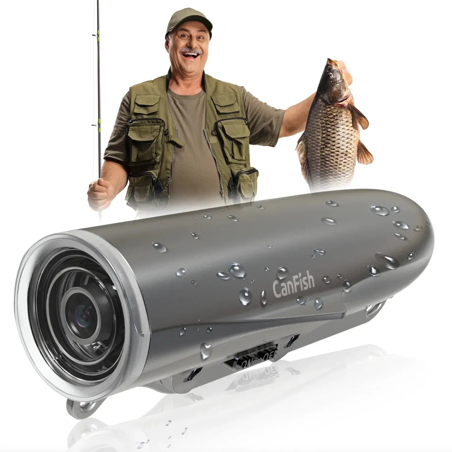 angler with catch and water-resistant Fisho CamX underwater fishing camera foreground