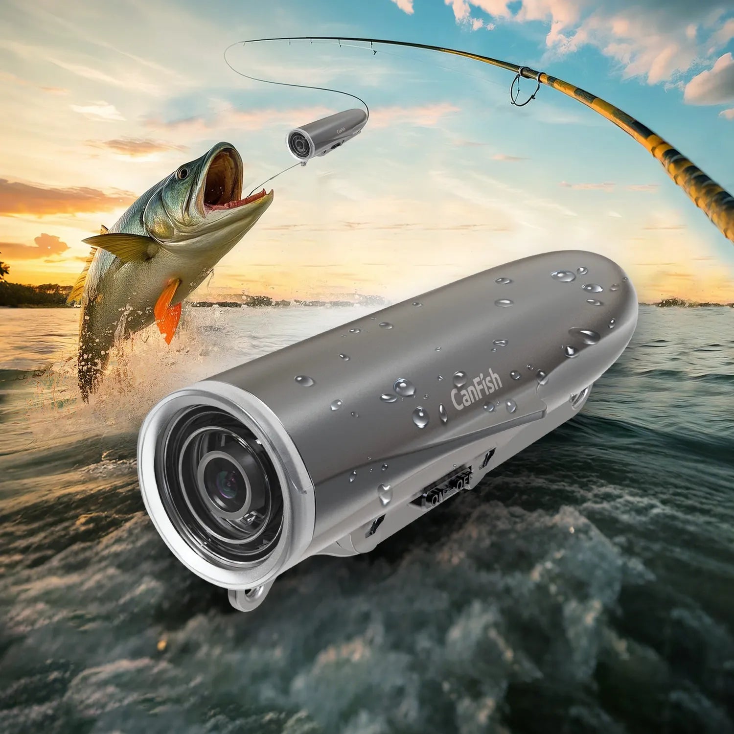 perch smashes lure in crystal-clear water—underwater fish camera capture